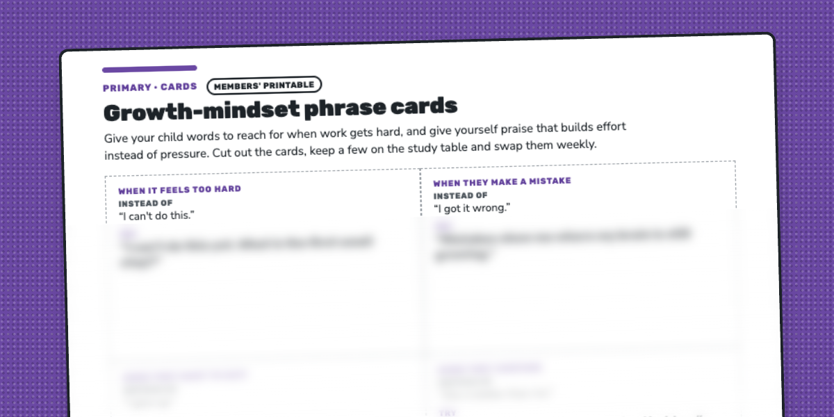 First page of the Growth-Mindset Phrase Cards: eight cut-out cards, each pairing an 'Instead of' phrase with a 'Try' phrase.