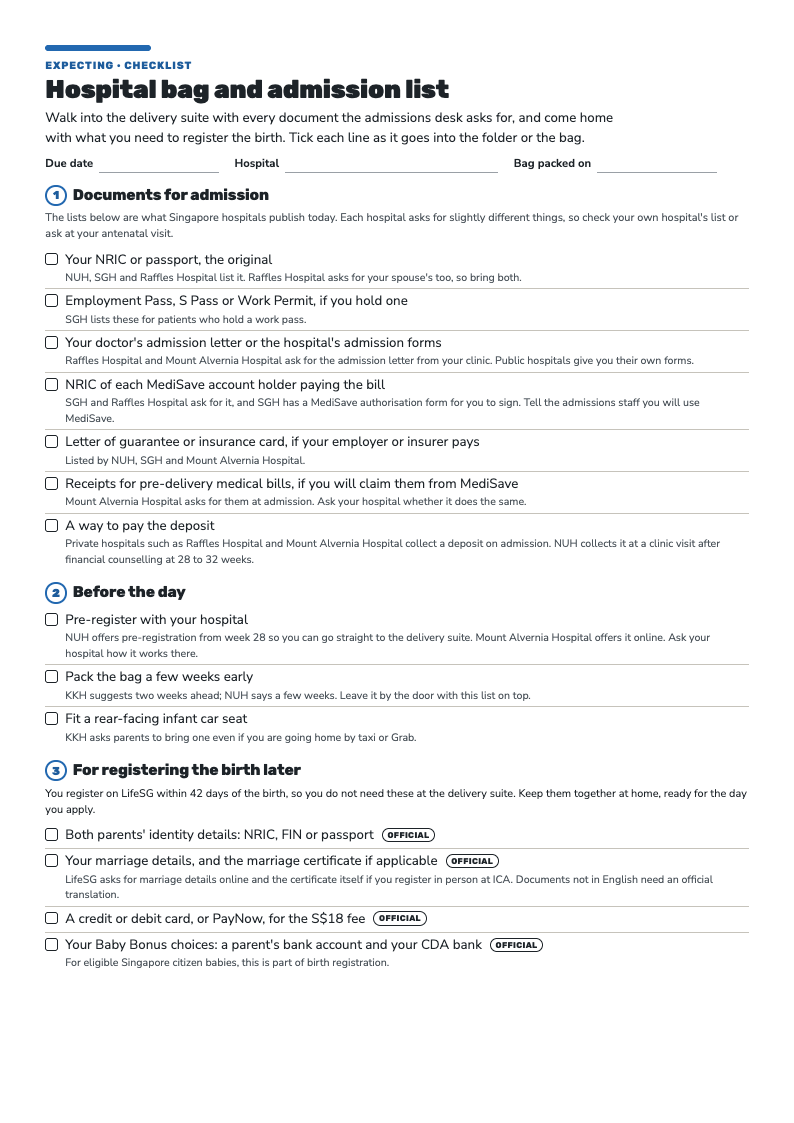 First page of the Hospital Bag And Admission List: tick boxes for admission documents, pre-registration and the papers needed later to register the birth.