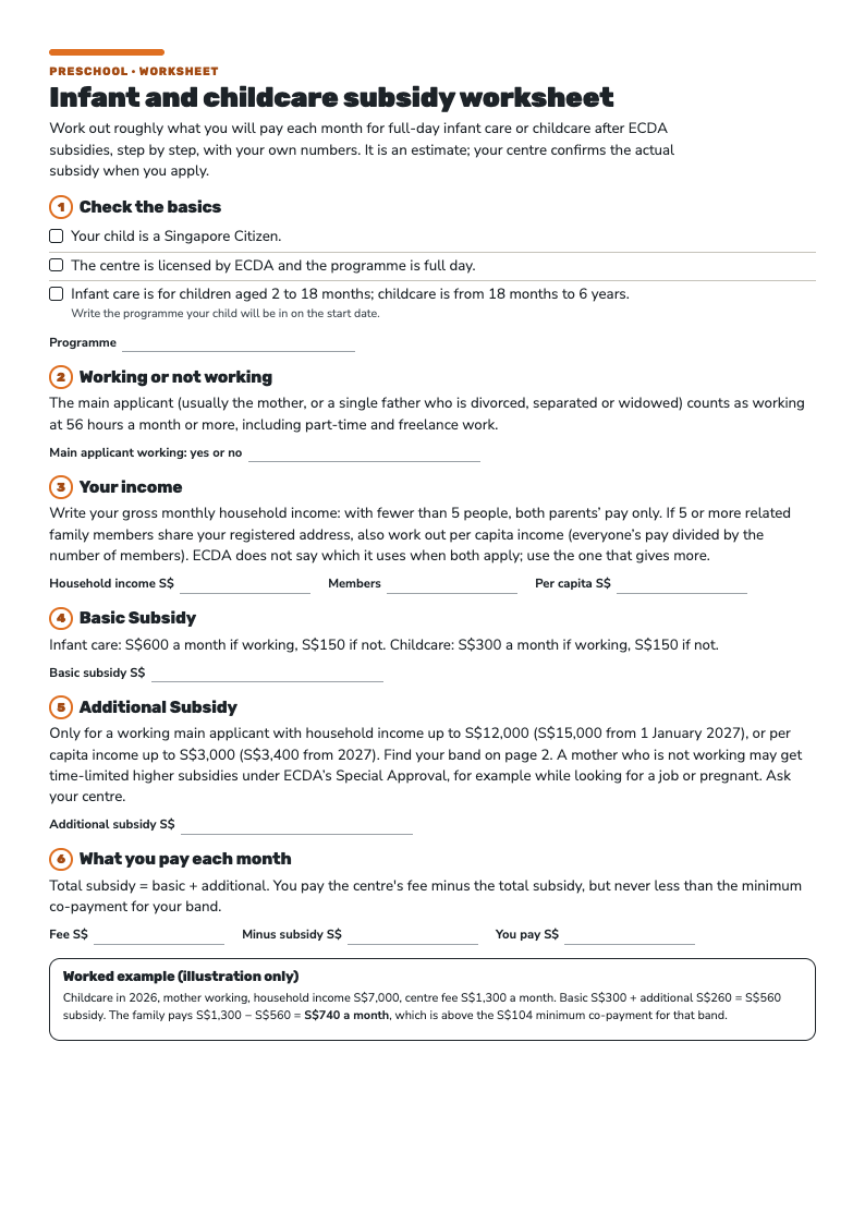 First page of the Infant And Childcare Subsidy Worksheet: six numbered steps with write-in lines and a worked example.