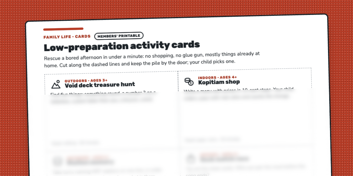 First page of the Low-Preparation Activity Cards: eight cut-out cards such as Void Deck Treasure Hunt, Kopitiam Shop and Station Memory, each with a line icon.
