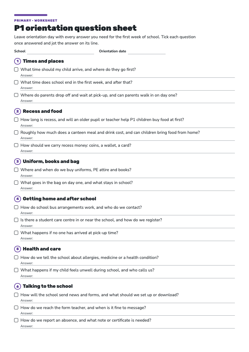 First page of the P1 Orientation Question Sheet: six numbered groups of tick-box questions with a line for each answer.