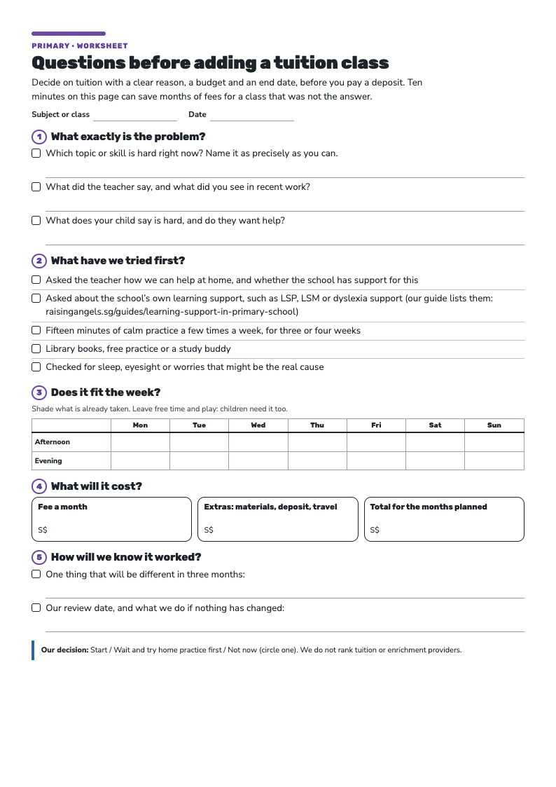 The Questions Before Adding A Tuition Class worksheet: five numbered sections from naming the problem to a review date, with a weekly timetable and cost boxes.