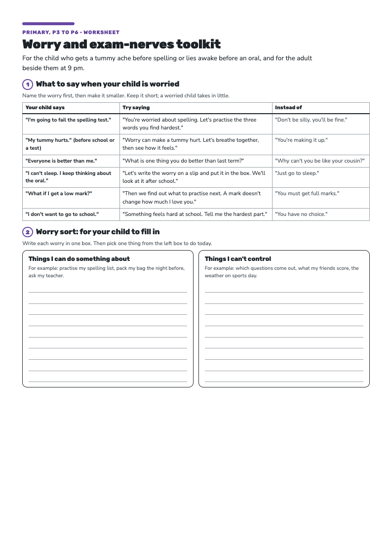 First page of the worry and exam-nerves toolkit: what a worried child says, what to try saying and what to avoid, then a worry sort.